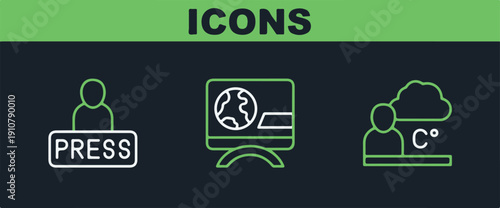 Set line Weather forecast Journalist news and Breaking icon. Vector.