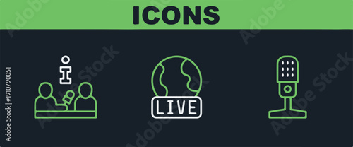 Set line Microphone, Interview and Live report icon. Vector
