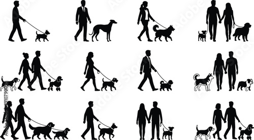 Dog walking silhouettes, pet owners, leash dogs, people with pets, outdoor activity, canine companions, lifestyle illustration, animal care collection