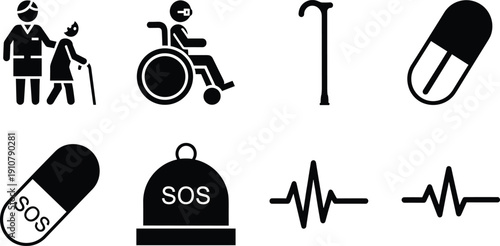 Black and white for healthcare and medical assistance healthcare, medical, black and white, elderly care, disability, wheelchair, walking stick, pill, sos, emergency, heart rate, medical assistance, c