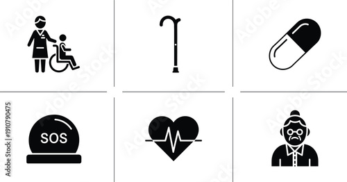 Black and white medical care including caregiver wheelchair cane pill S O S heart rate elderly caregiver, wheelchair, cane, pill, sos, heart rate, elderly person, medical care, health, medicine, nursi