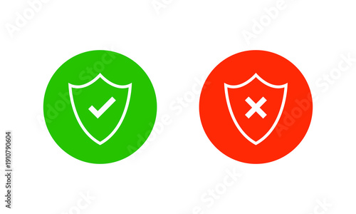 Shield outline with check and cross icon in flat desgin. Protection and unprotection symbol. Safety and unsafe sign