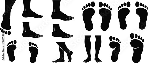 Human foot silhouette collection, barefoot prints and legs set, medical anatomy footprint illustration isolated design bundle