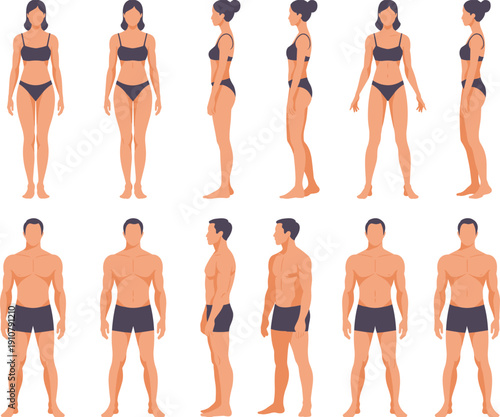 Male and female body silhouette collection, front side and back human anatomy views set, fitness figure illustration bundle