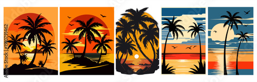 Set of five vertical flat design illustrations featuring tropical palm tree silhouettes at beach sunset and ocean twilight