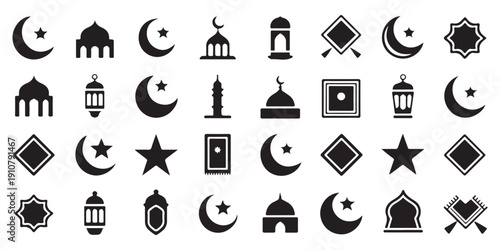 Islamic Symbols and Icons Set for Ramadan and Eid Celebrations. Collection of mosque, crescent moon, star, lantern, and prayer rug vector illustrations.