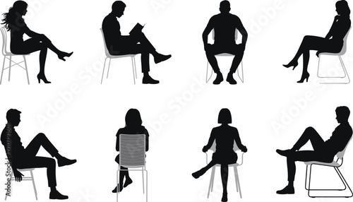 People silhouettes, sitting poses, chair collection, business characters, body language, office lifestyle, casual seating, human figures, communication concept