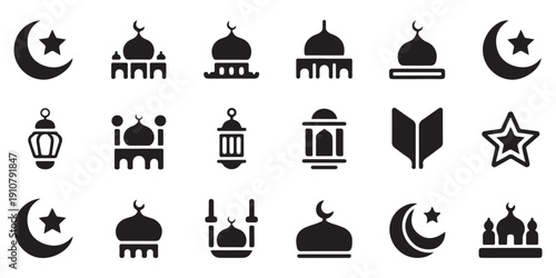 Islamic Religious Symbols and Mosque Solid Icon Set
