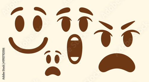Set of various cartoon facial expressions showing different emotions.