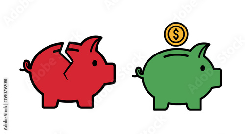 A broken red piggy bank facing a green piggy bank receiving a coin, illustrating financial savings and brokenness concept side by side