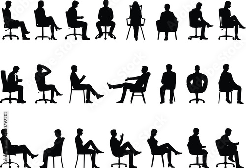 People, silhouettes, sitting poses, office chairs, business persons, workplace, body language, professional, meeting, communication, corporate lifestyle, posture set