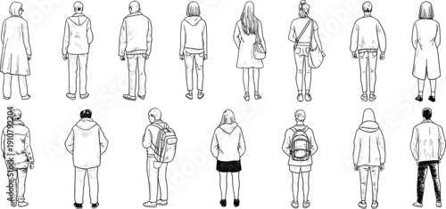 People, back view, hand drawn, crowd sketch, walking figures, casual clothing, character illustration, line art, urban lifestyle, pedestrian collection