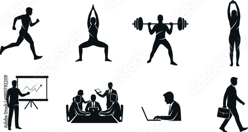 Silhouette icons of people engaging in various activities