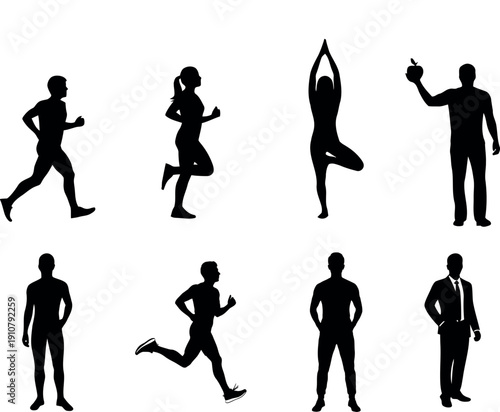 Silhouette of people engaging in various physical activities and poses