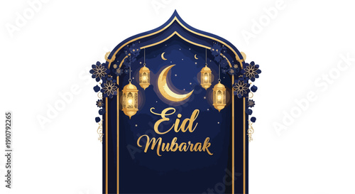 Eid Mubarak greeting card with a crescent moon and lanterns on a dark blue background with gold accents, conveying a festive and celebratory mood.