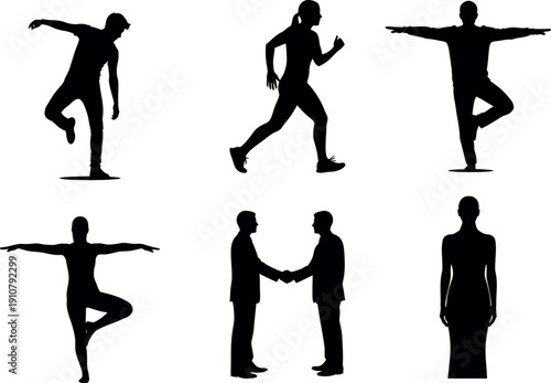 Silhouette illustrations of people in various yoga and walking poses