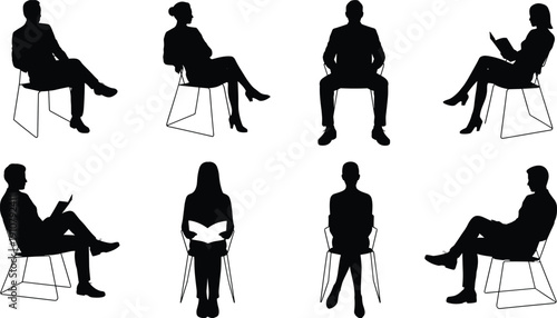 Seated people silhouette collection, business men and women sitting on chairs reading working and relaxing pose illustration set