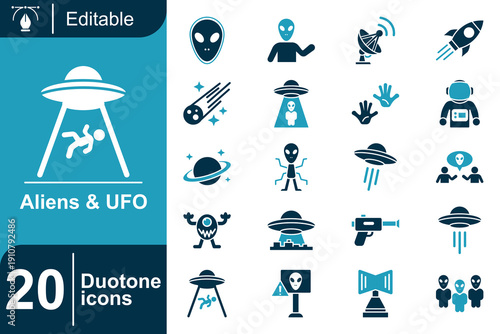 Collection of 20 blue and white duotone icons representing aliens, UFOs, space, and technology themes