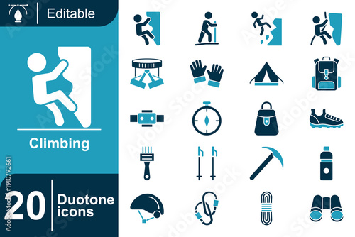 Collection of 20 duotone icons representing the exciting world of climbing and mountaineering activities