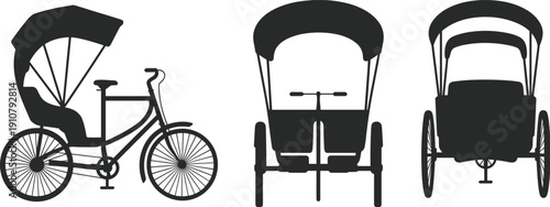 Traditional rickshaw silhouette set, hand pulled and cycle rickshaw transport collection, vintage Asian street vehicle illustration isolated design