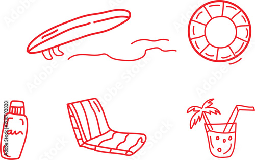 Collection of simplistic red line art icons depicting essential summer beach vacation items including a surfboard a flotation device a lounge chair sunscreen and a tropical drink for holiday designs