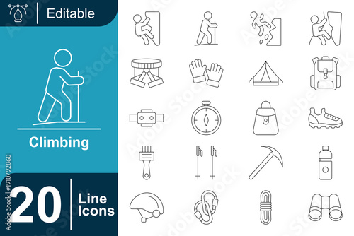 Set of 20 climbing icons, including essential gear like helmets, harnesses, ropes, and mountaineering equipment for outdoor adventures