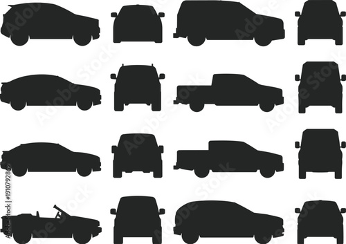 Vehicle silhouette collection, sedan suv pickup and cargo transport cars set, automobile side front view illustration bundle