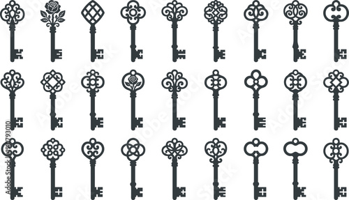 Vintage skeleton keys, ornate antique collection, decorative key designs, old locksmith tools, retro metal keys, classic security illustration