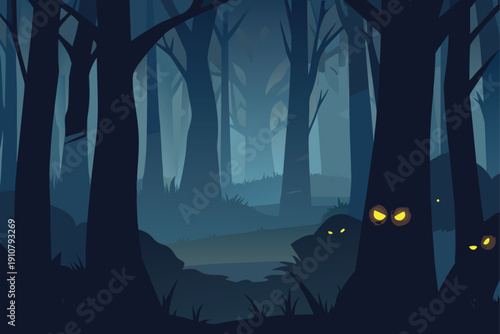 Dark Forest With Glowing Creature Eyes