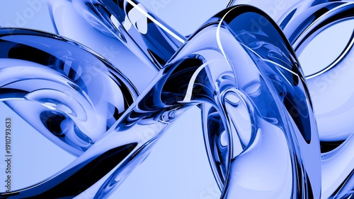 Fluid liquid blue glass shapes and spheres abstract background. 3d illustration contemporary art