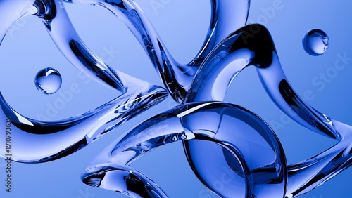 Fluid liquid blue glass shapes and spheres abstract background. 3d illustration contemporary art