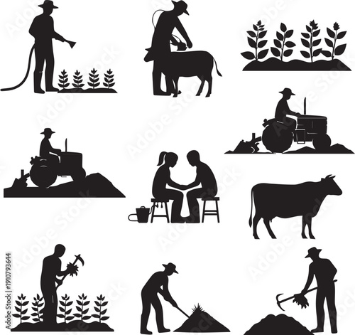 Agriculture and Farming Icon Set, Black Silhouettes of Farmers, Livestock, and Crop Cultivation