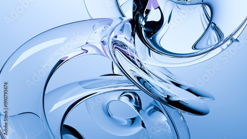 Fluid liquid blue glass shapes and spheres abstract background. 3d illustration contemporary art
