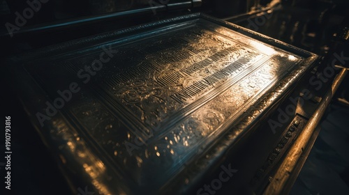 Intricate metal tray with ornate designs and detailed engravings, showcasing a rich, dark metallic tone.