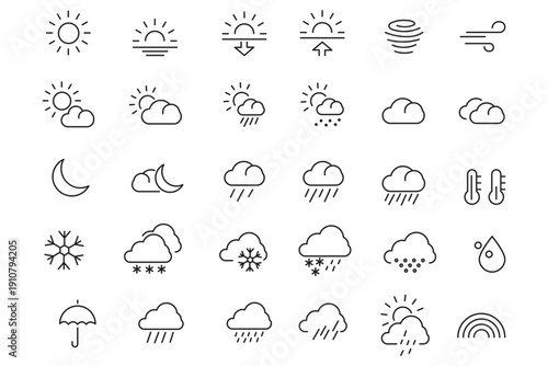 Weather icons set. Includes symbols of sun, clouds, rain, snow, wind, and temperature. Editable stroke. Vector illustration. Outline icons. Perfect for nature, environment, and climate projects.