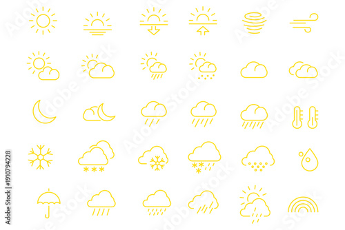Weather icons set. Includes symbols of sun, clouds, rain, snow, wind, and temperature. Editable stroke. Vector illustration. Outline icons. Perfect for nature, environment, and climate projects.