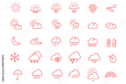 Weather icons set. Includes symbols of sun, clouds, rain, snow, wind, and temperature. Editable stroke. Vector illustration. Outline icons. Perfect for nature, environment, and climate projects.