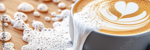 Close-up of frothy latte art with milk spilling onto a wooden surface, creating a bubbly texture.