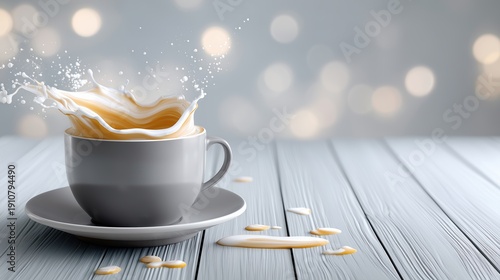 Coffee splash in a grey cup on a wooden table with bokeh background