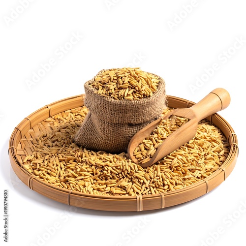 A burlap sack & wood scoop hold grain on a round bamboo tray against a bright white backdrop in a food still life