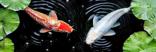 Two Koi Fish, One Orange and White, One Silver, Swim in a Dark Pond with Lily Pads