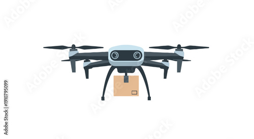 Drone illustration delivering a package in mid-air with copter rotors spinning