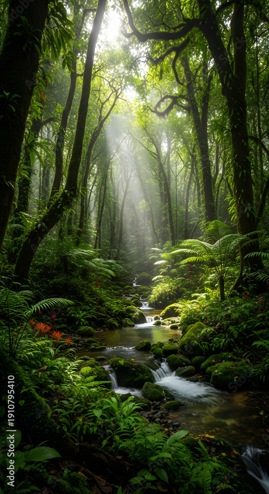 Fototapeta premium Tropical forest with sunlit stream water.