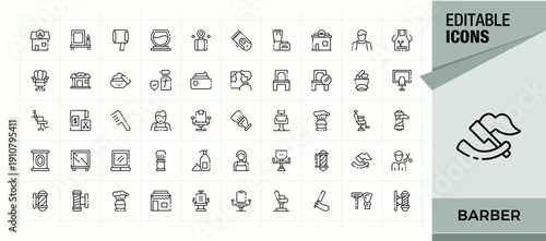 Set of Barber line icon. Contains such icons as salon, barbershop, beauty, dresser, shop, hairstyle, haircut and more. Thin line icons set. Haircut icon set. Editable vector. Pixel perfect.