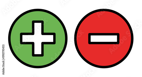 Positive and negative symbols represented by green and red circles with plus and minus signs, indicating opposing concepts or choices in a simple and clear visual representation.