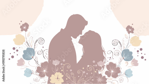 A romantic couple silhouette with flowers on transparent background