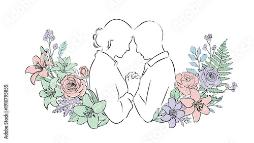 A minimalist line art illustration of a loving couple on transparent background