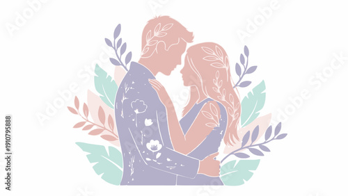 A minimalist illustration of a couple embracing on transparent background