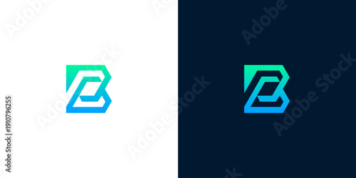 Geometric 'B' letterform logo design with gradient blue-green colors on white and dark backgrounds, modern abstract branding