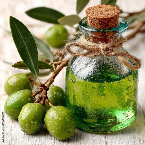 Wallpaper Mural Pure olive oil essence isolated on wood background. Generative AI Torontodigital.ca